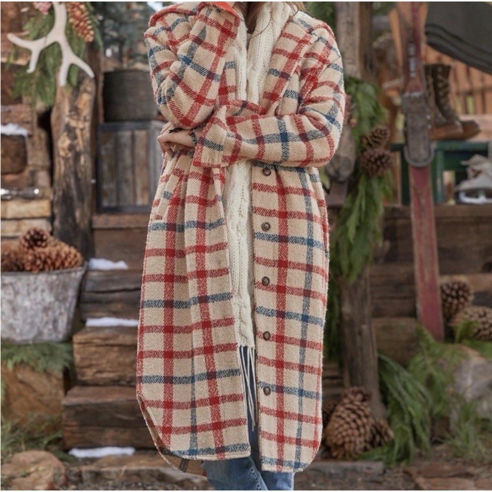 Sundance Plaid Days Wool Blend‎ Button Down Longline Coat Blazer Outdoor Boho XS